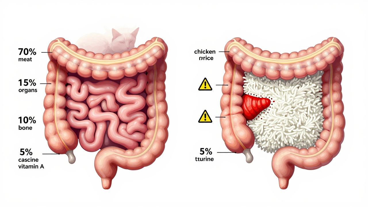 Сравнение сбалансированного рациона кошки и неправильного питания с недостающими питательными веществами.