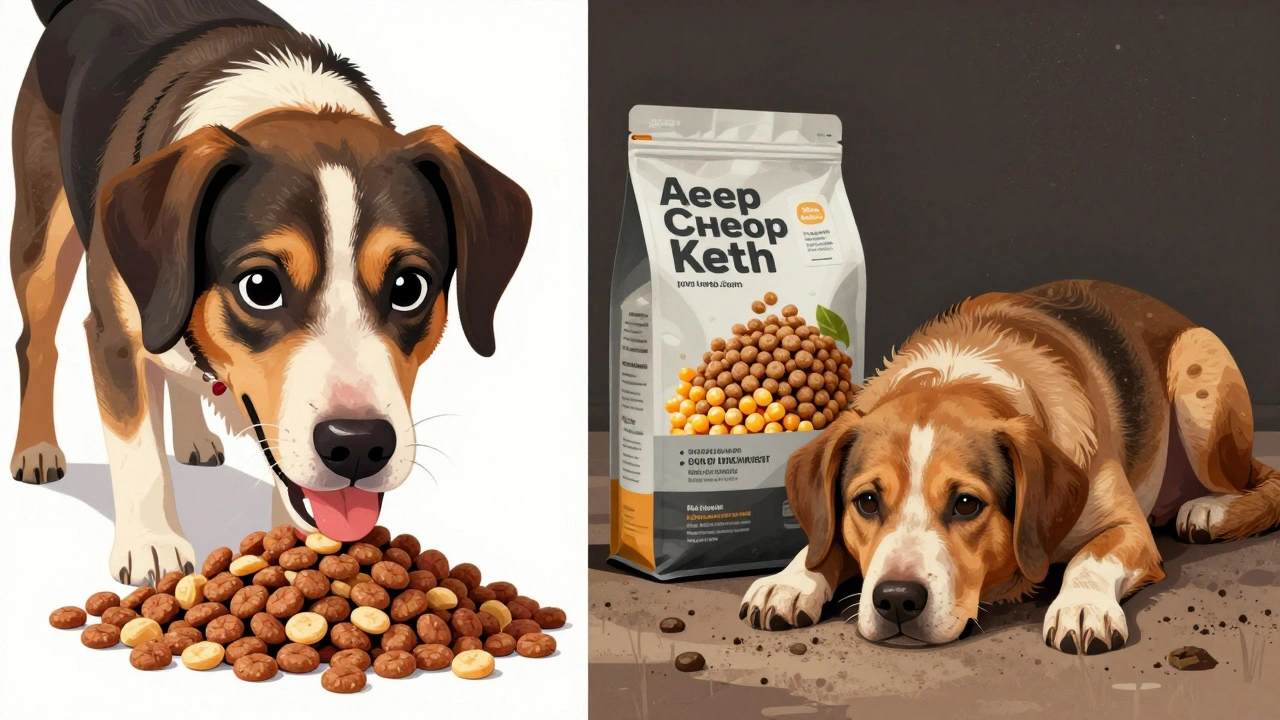 Сравнение: собака на качественном корме с блестящей шерстью и собака на дешевом корме с тусклой шерстью.