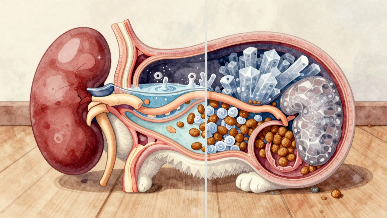 Сравнение внутренних органов кошки: здоровые при влажном корме и обезвоженные при сухом.