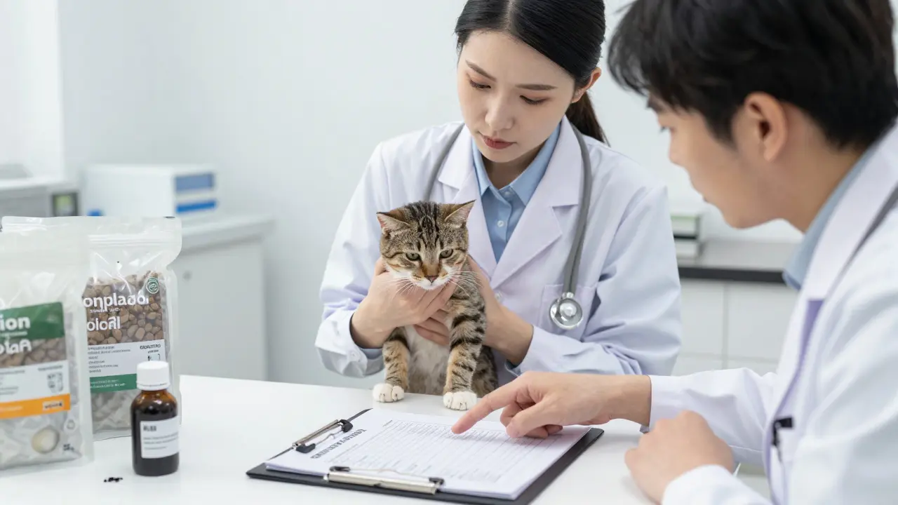Ветеринар держит больного кота, рядом — список запрещённых продуктов и медицинские предметы.