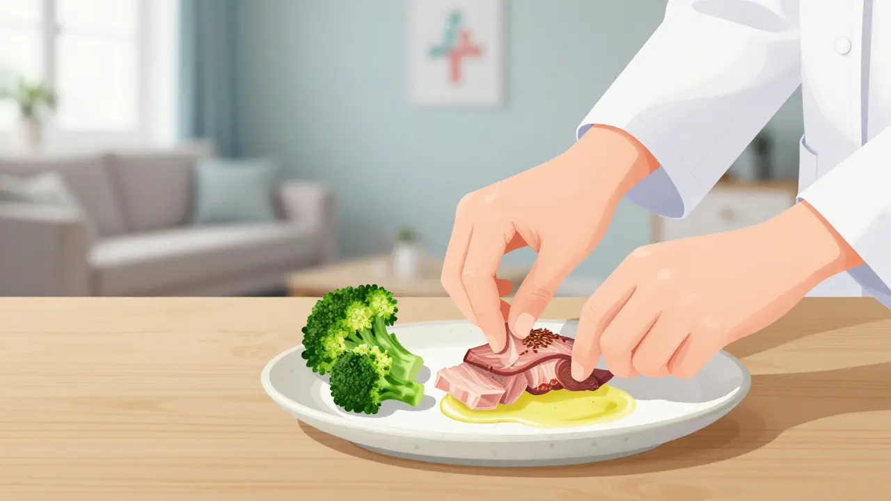Ветеринар кладет крольчатину и брокколи на тарелку с льняным маслом.