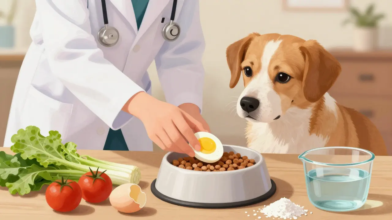 Ветеринар кладёт половину варёного яйца в миску собаки с добавлением порошка скорлупы.