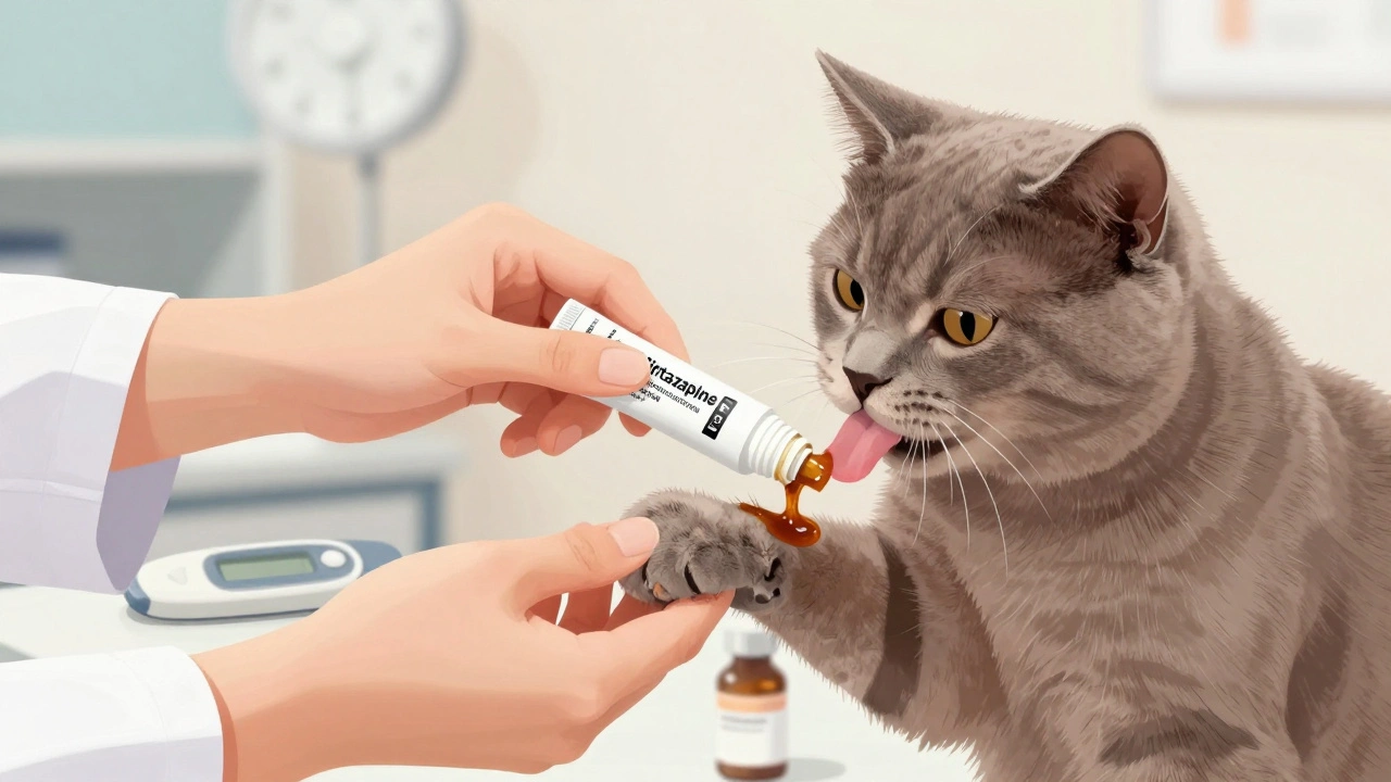 Ветеринар наносит аппетитную пасту на лапу больной кошки, которая её слизывает.