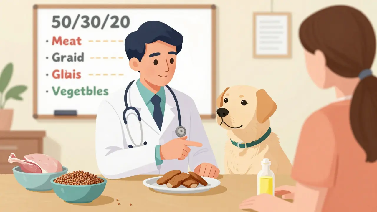 Ветеринар объясняет владельцу правильное соотношение ингредиентов для кормления собаки.