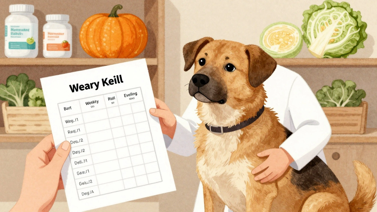 Ветеринар объясняет владельцу собаки правильную дозировку кефира.