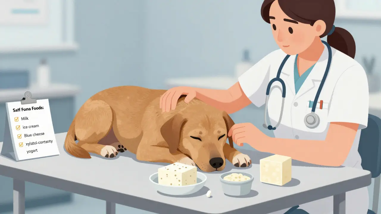 Ветеринар осматривает собаку, рядом — безопасные молочные продукты и запрещённые.