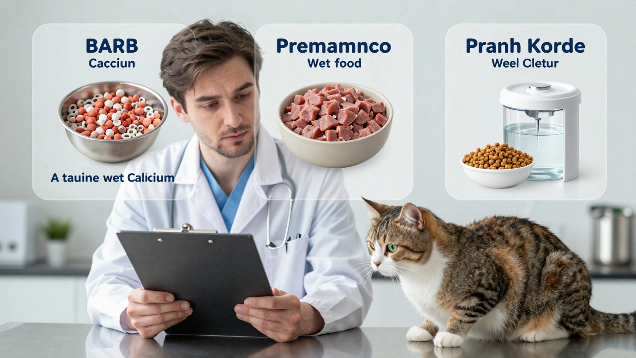 Ветеринар показывает кошке три варианта питания с прозрачными схемами состава.