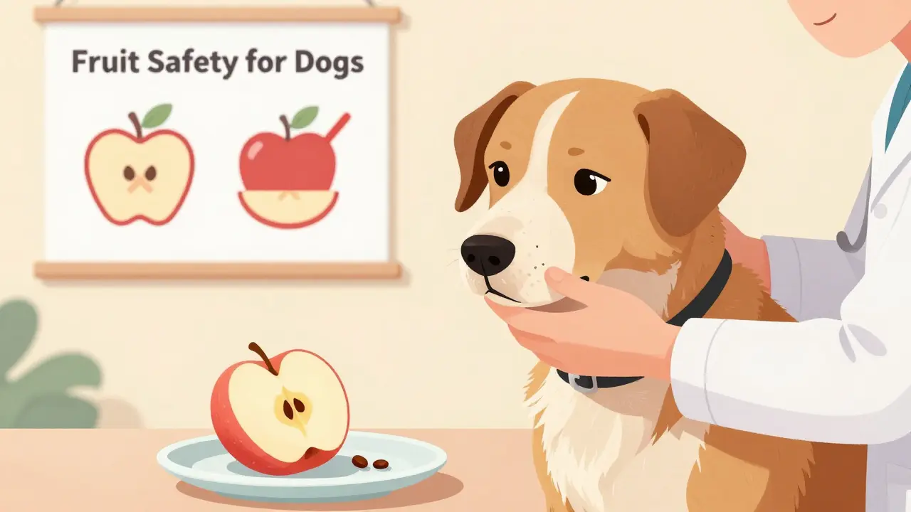 Ветеринар показывает собаке на нарезанное яблоко без сердцевины, в клинической обстановке с информативным плакатом на стене.