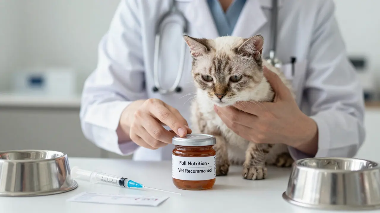 Ветеринар показывает владельцу этикетку на паштете для кошек в клинике.