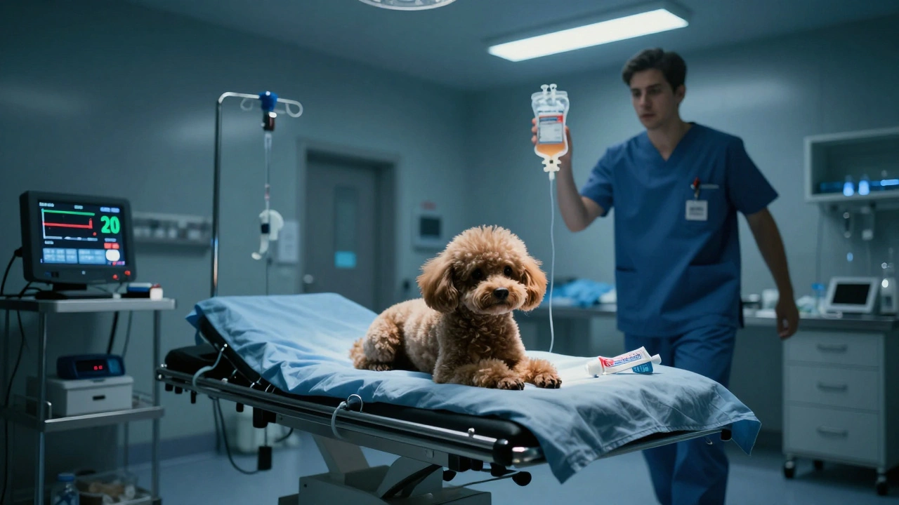 Ветеринар спасает пуделя в клинике, на полу лежат упаковки с ядовитыми продуктами.