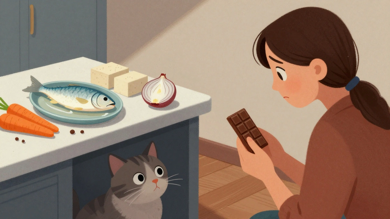 Владелец держит шоколад и лук, кошка смотрит с опасением, на фоне безопасных продуктов.