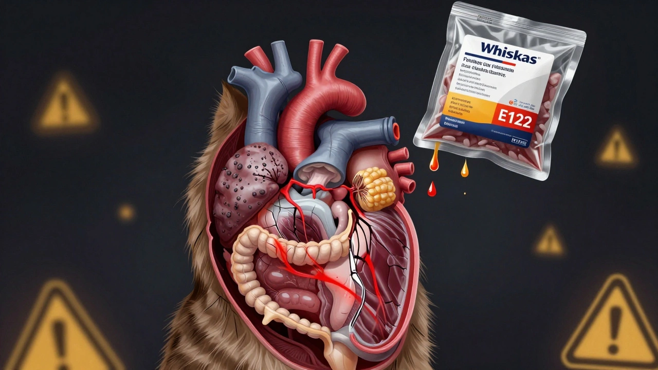 Внутренние органы кошки в виде разрушающейся экосистемы, в которую капают вредные добавки из пакета Вискас.