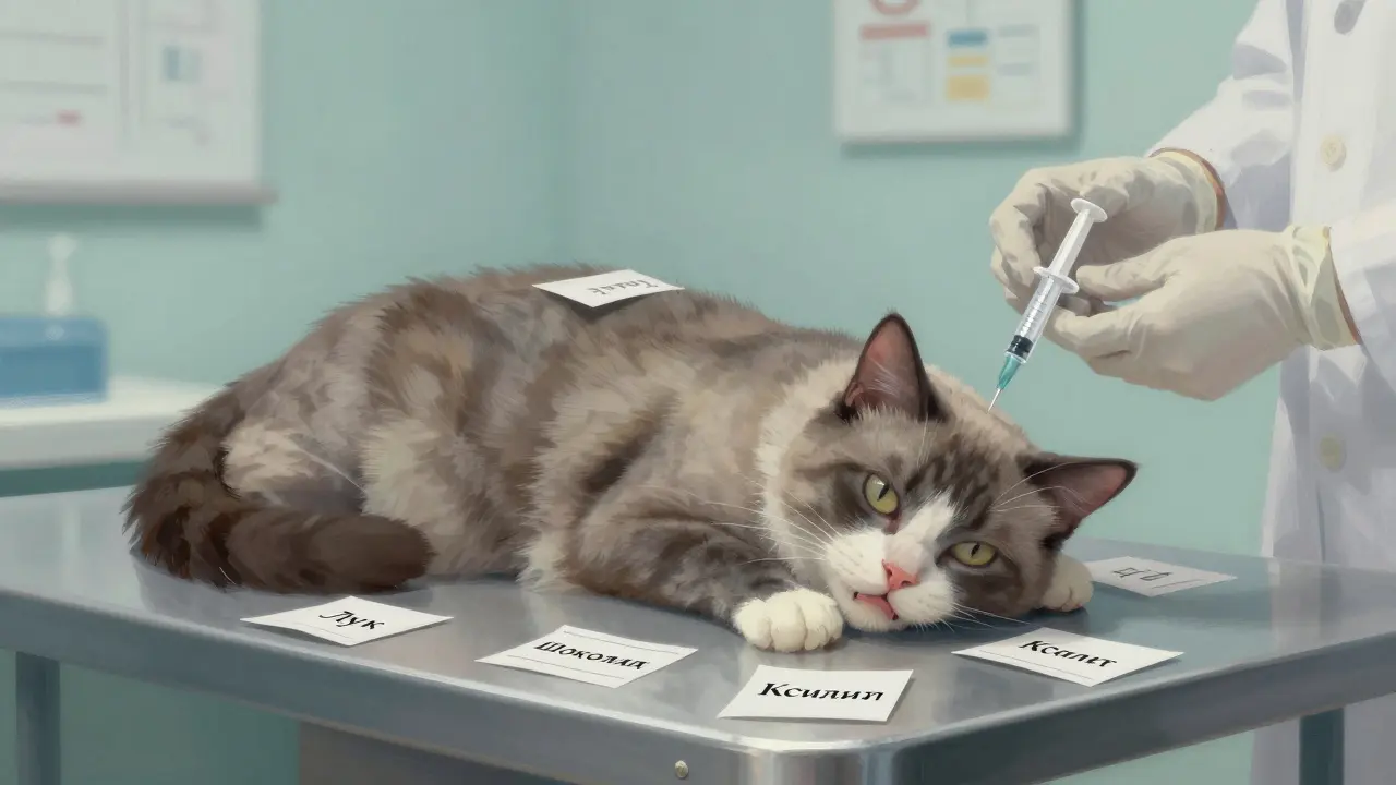 Больная кошка на ветеринарном столе с предупреждающими этикетками вокруг.