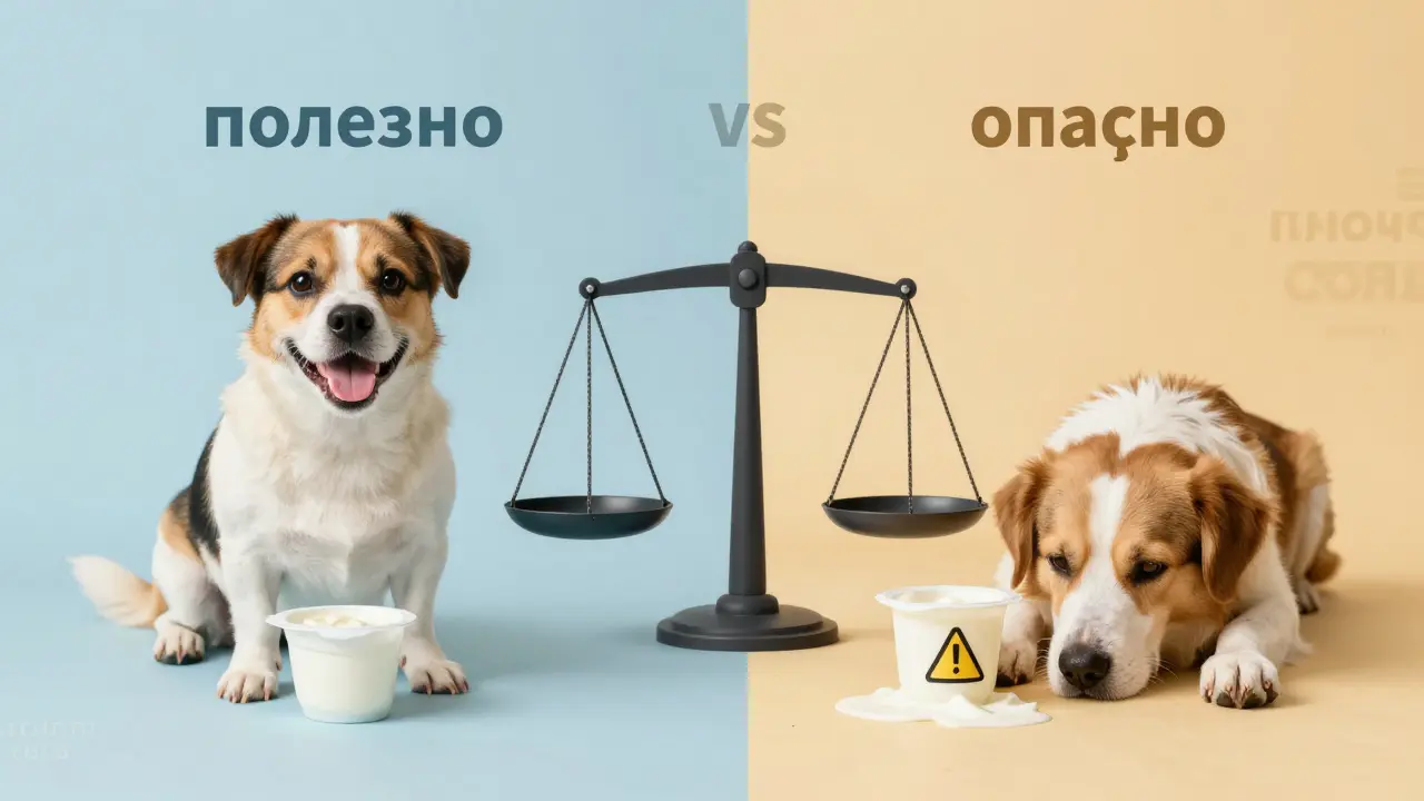 Две собаки: одна здоровая с йогуртом, другая слабая рядом с вредным десертом — сравнение.
