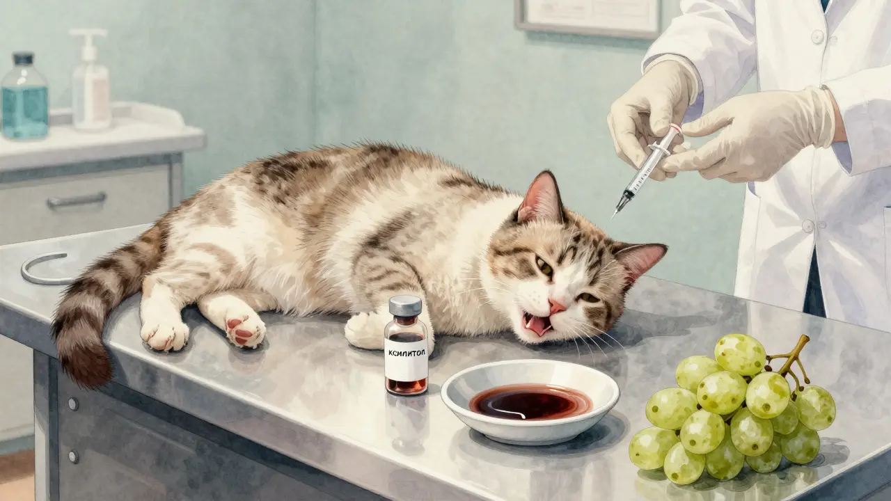 Кошка на ветеринарном столе с бледными дёснами и тёмной мочой.