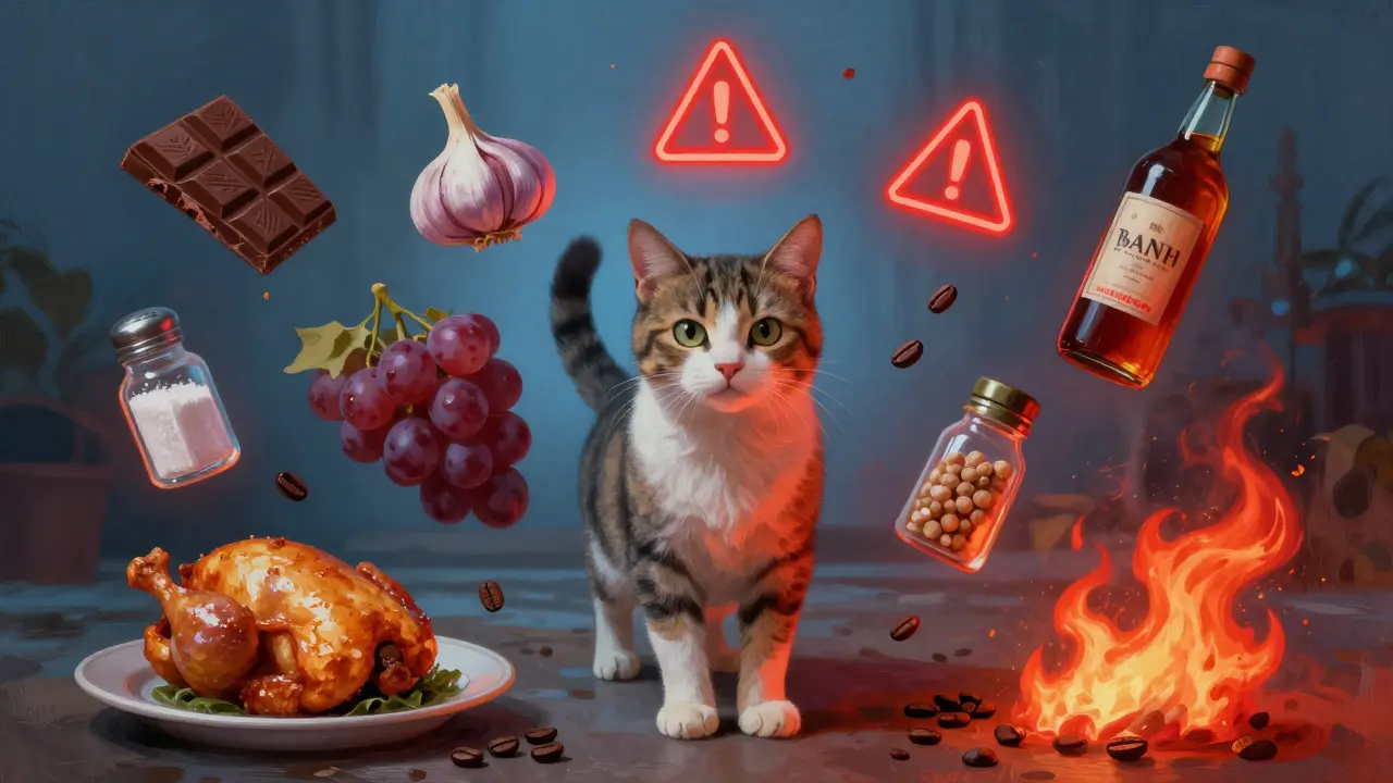 Кошка окружена опасными продуктами, окружающими её красными символами предупреждения.