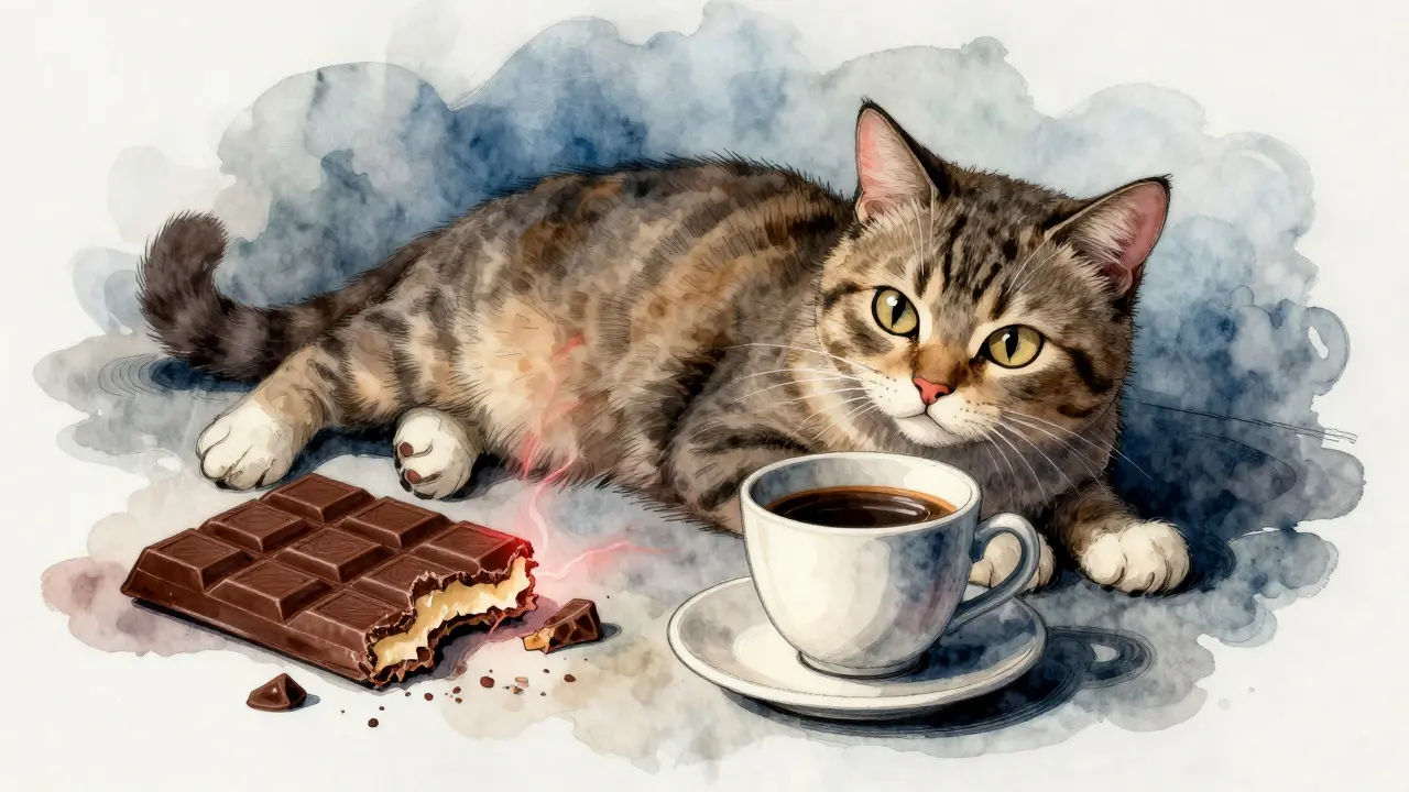 Кошка рядом с шоколадом и кофе, глаза полны тревоги, токсины кажутся светящимися.