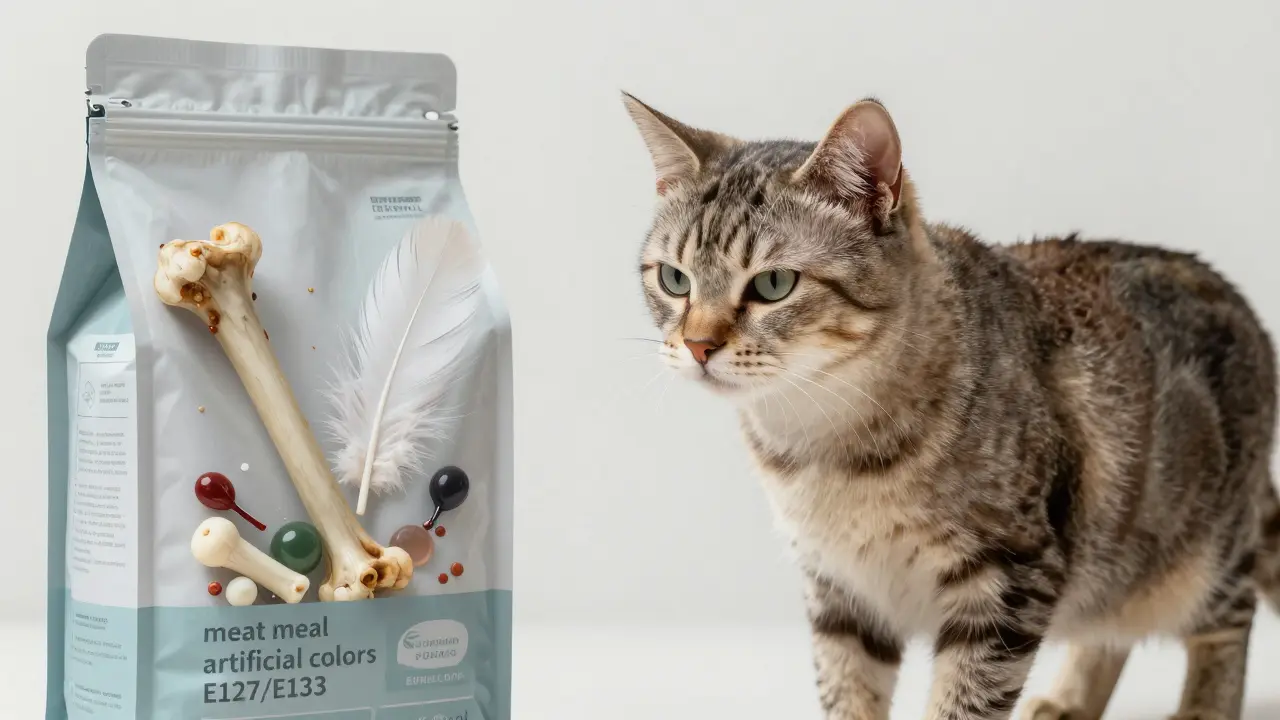 Кошка с тусклой шерстью рядом с пакетом корма, на котором видны вредные ингредиенты и скрытые примеси.