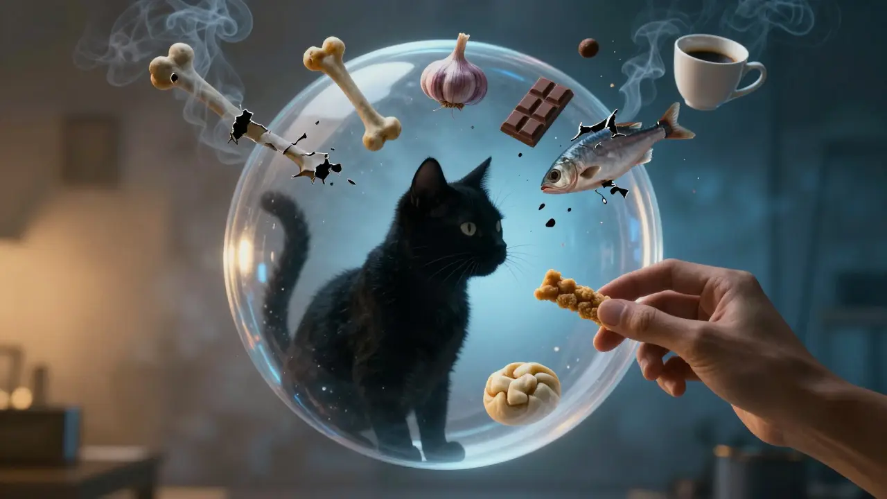 Кошка в пузыре, окруженная опасными продуктами, выделяющими дым.