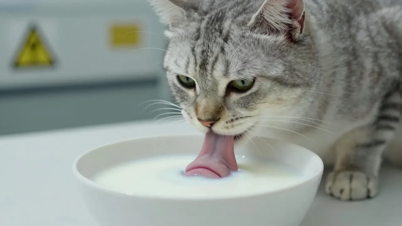 Отражение в молоке показывает опасные последствия — кошка не видит угрозы.