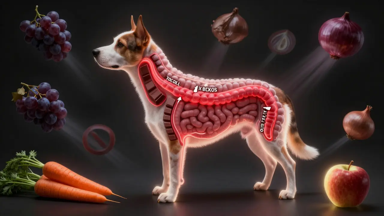 Схема пищеварительной системы собаки с зонами опасности от токсичных продуктов.