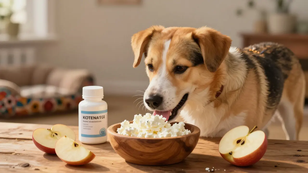 Собака ест домашний творог без соли с кусочком яблока на деревянной тарелке.