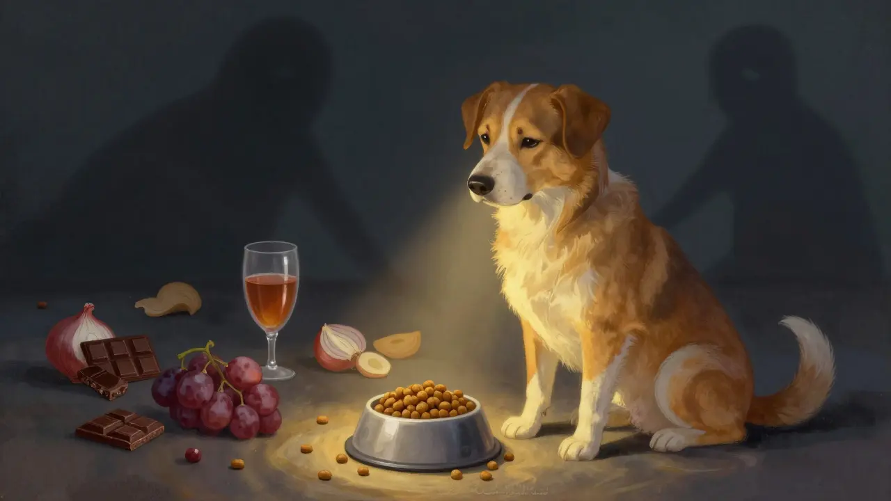 Собака ест качественный корм, а позади — тени запрещённых продуктов: шоколад, виноград, лук, алкоголь и ксилит.