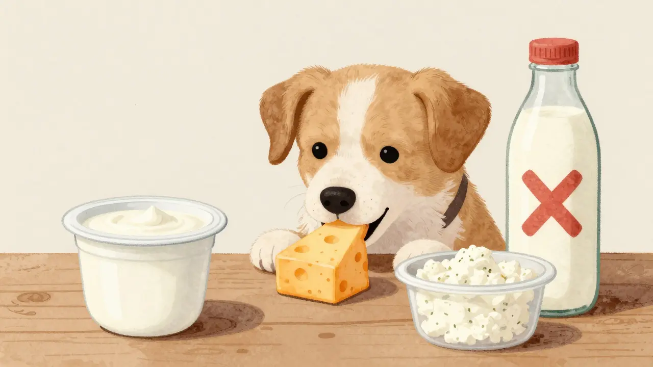 Собака ест кусочек сыра рядом с безопасными молочными продуктами.