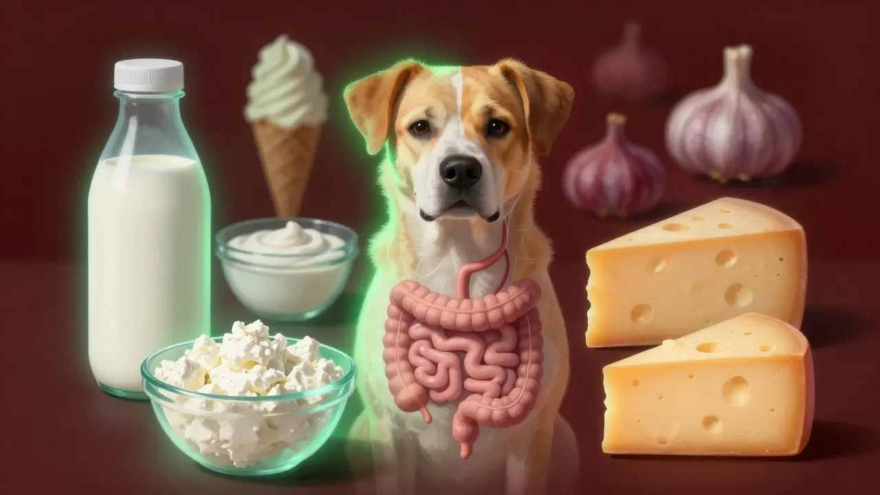 Собака окружена безопасными молочными продуктами, опасные — в тени.