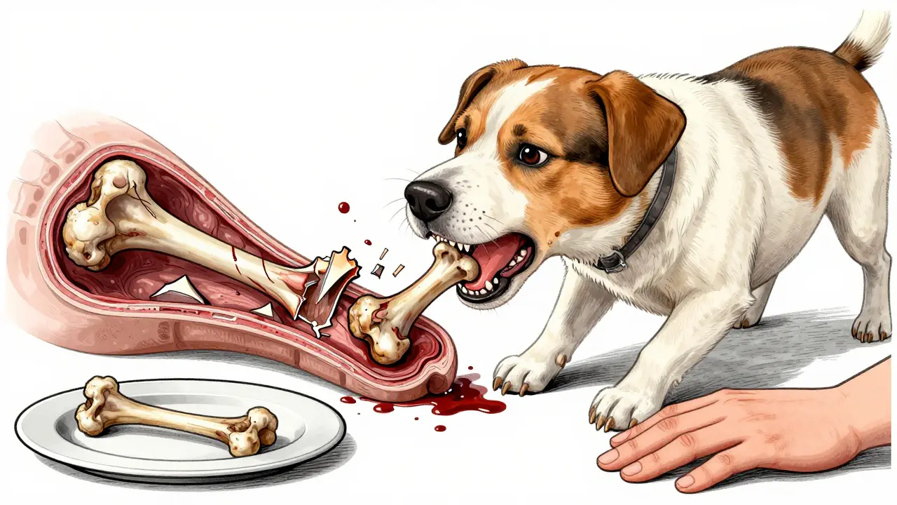 Собака с косточкой, пронзающей пищевод, вид в разрезе: острые осколки кости и кровь, рядом тарелка с остатками еды.