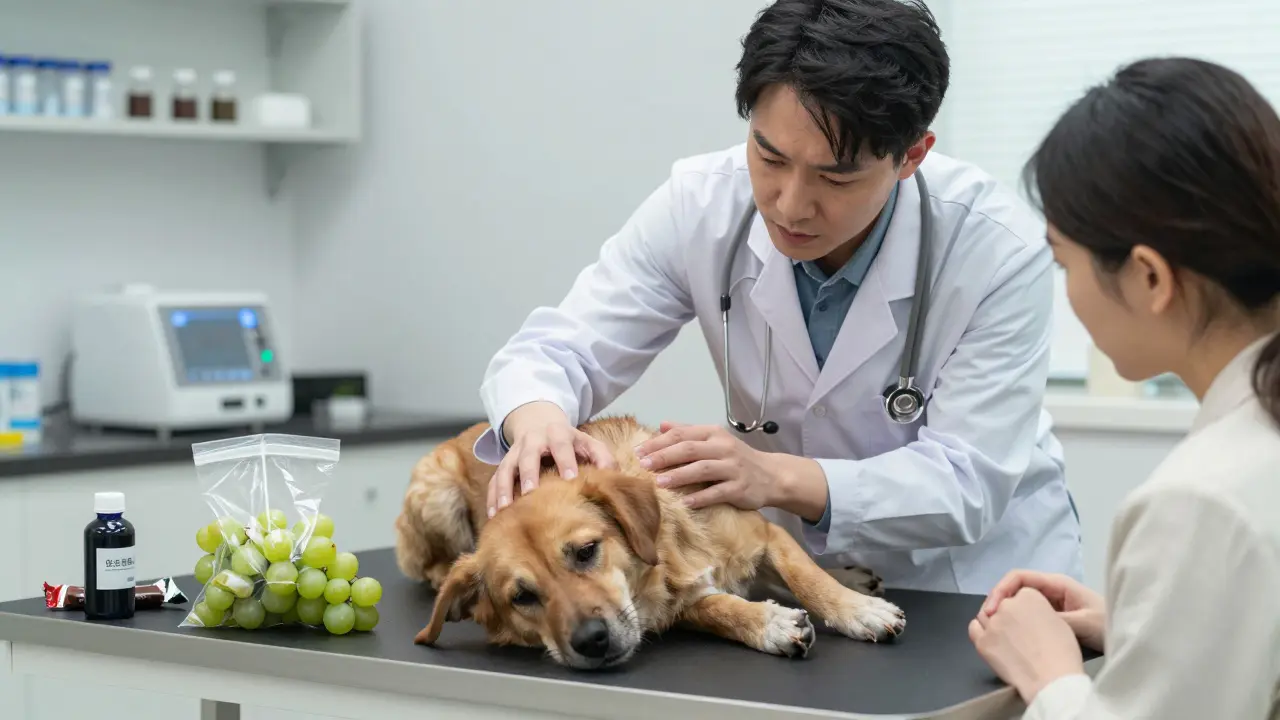 Ветеринар осматривает больную собаку, рядом лежат остатки отравляющих продуктов.