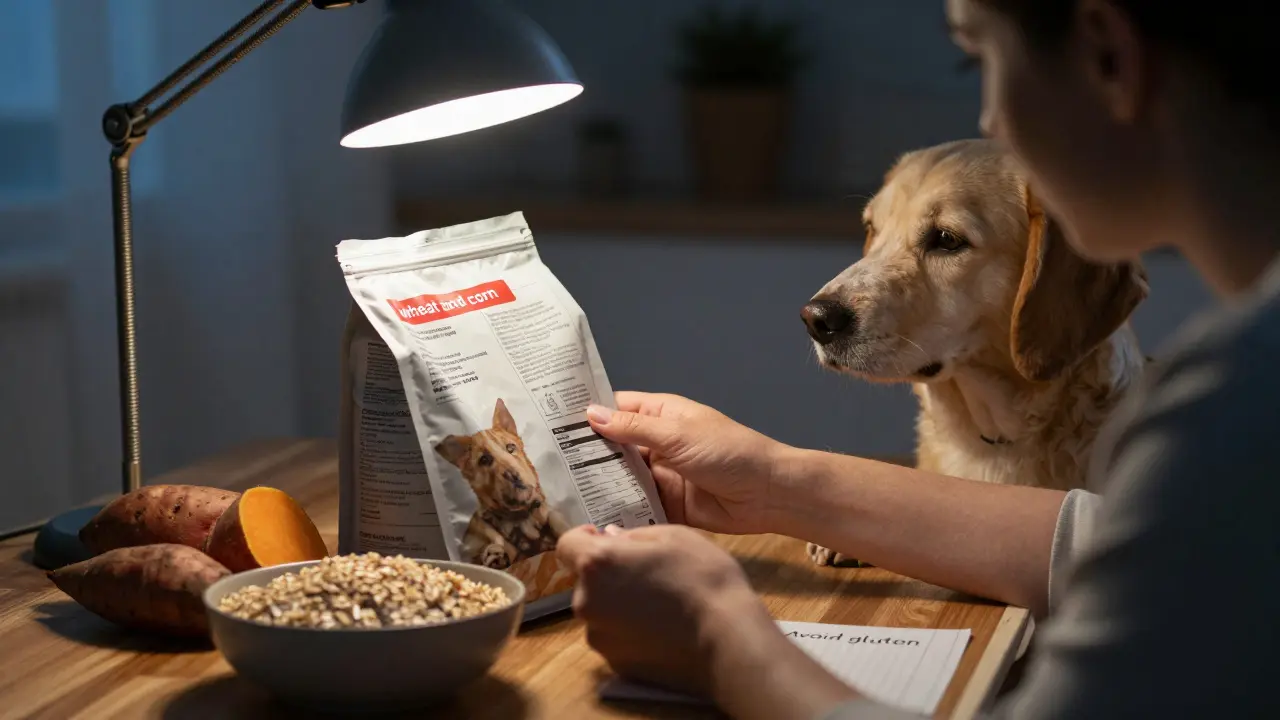 Владелец собаки изучает этикетку корма, рядом — миска с полезной едой и записка ветеринара.