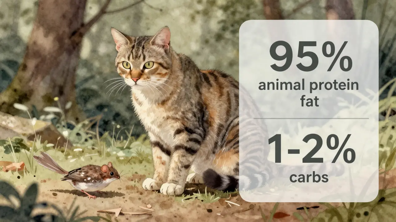 Дикая кошка рядом с добычей — птицей и мышью, схема питания в стиле иллюстрации.