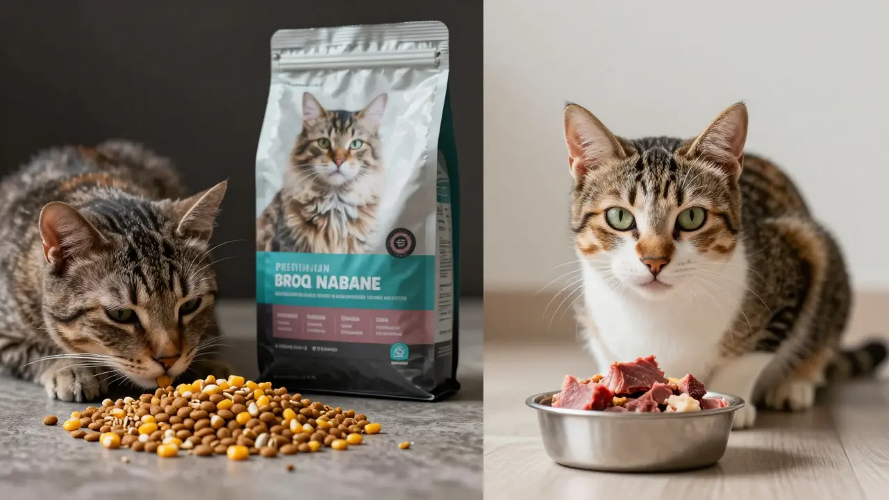 Две кошки: одна больная рядом с дешевым кормом, другая здоровая — с качественной едой.