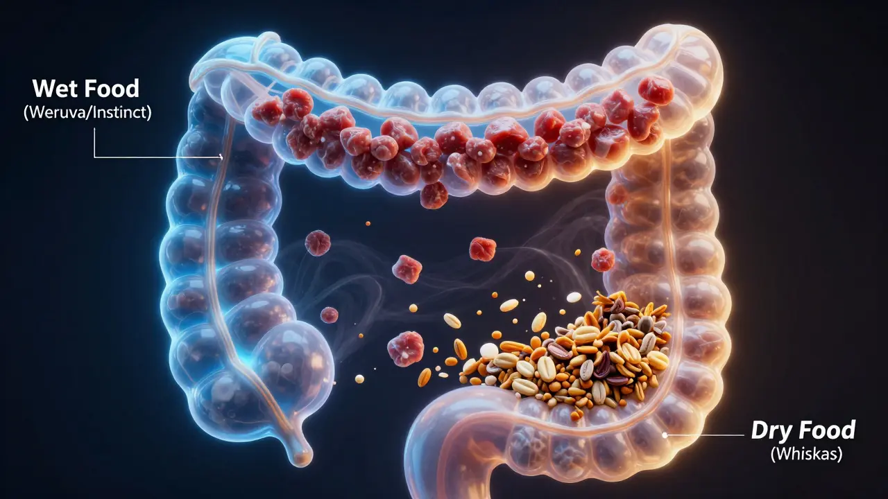 Прозрачная анатомия кошки с потоками мяса и наполнителей в пищеварительном тракте.