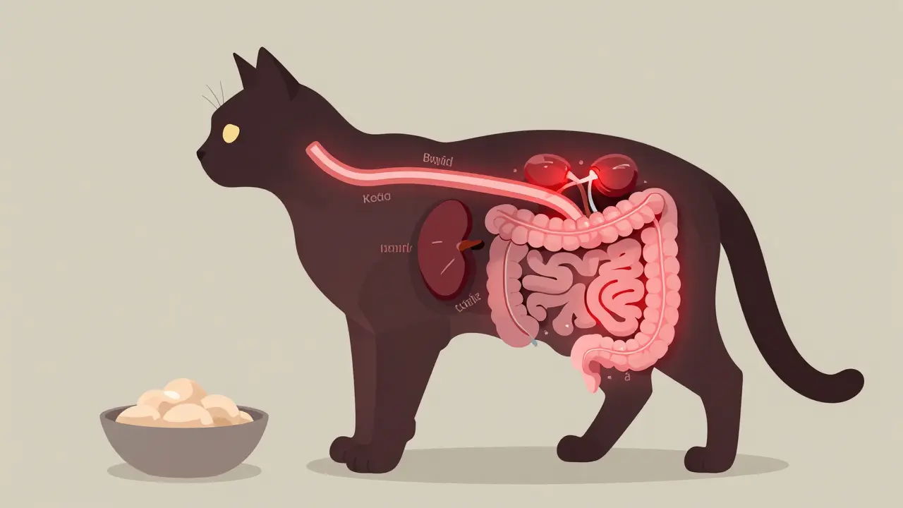 Схема пищеварительной системы кошки, показывающая последствия постоянного переедания сухим кормом.