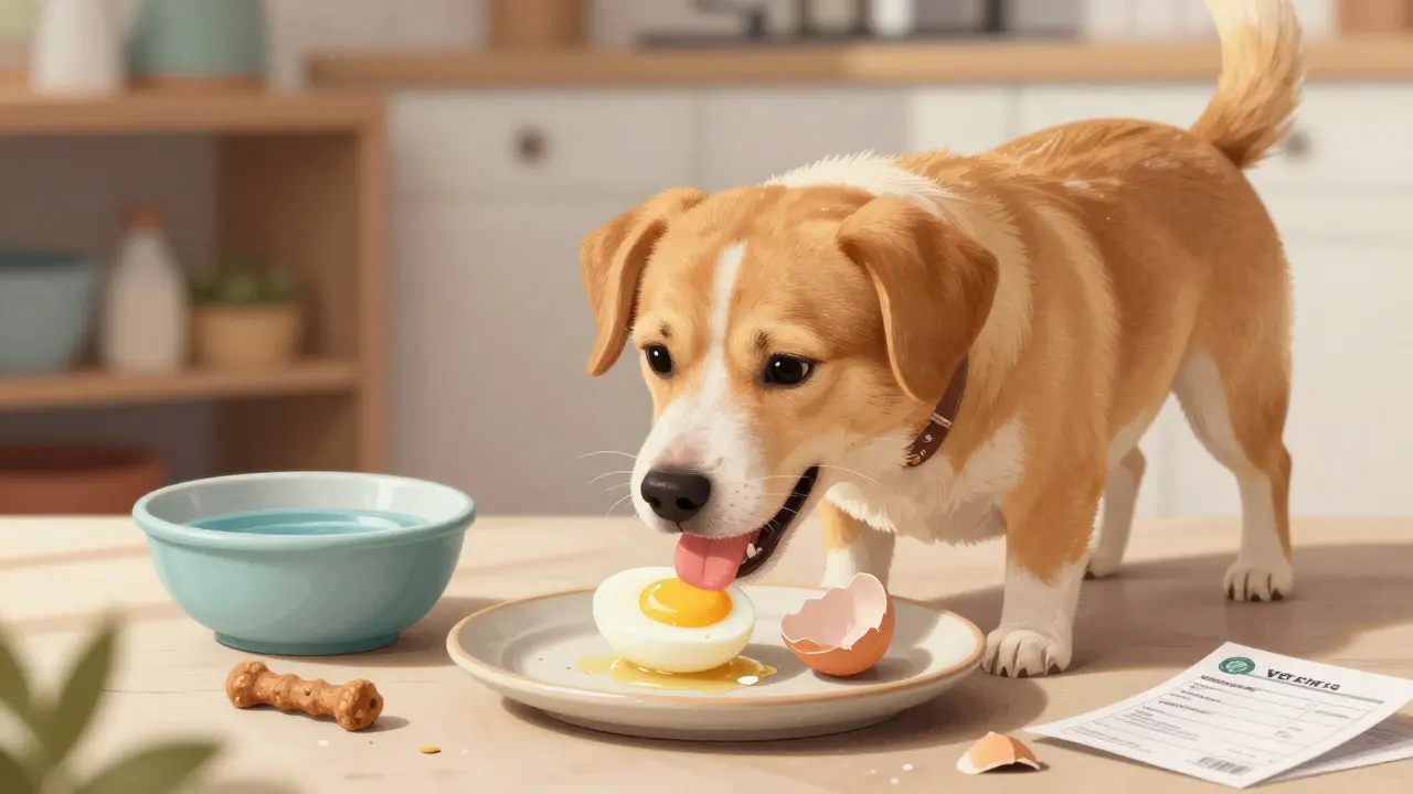 Собака ест варёное яйцо с тарелки, рядом лежат оболочки скорлупы.