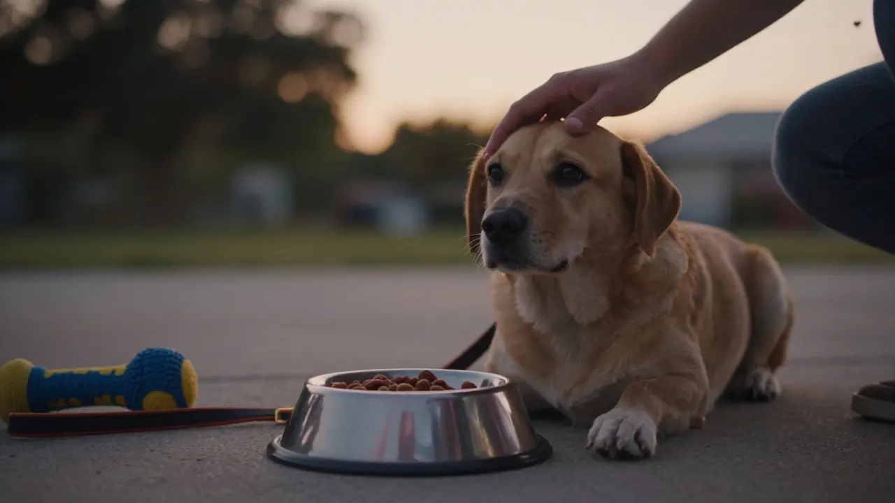 Собака спокойно сидит у пустой миски, хозяин гладит её, рядом поводок и игрушка.