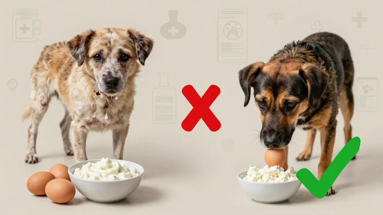 Сравнение: больная собака с творогом и сырыми яйцами vs здоровая с безопасной едой.