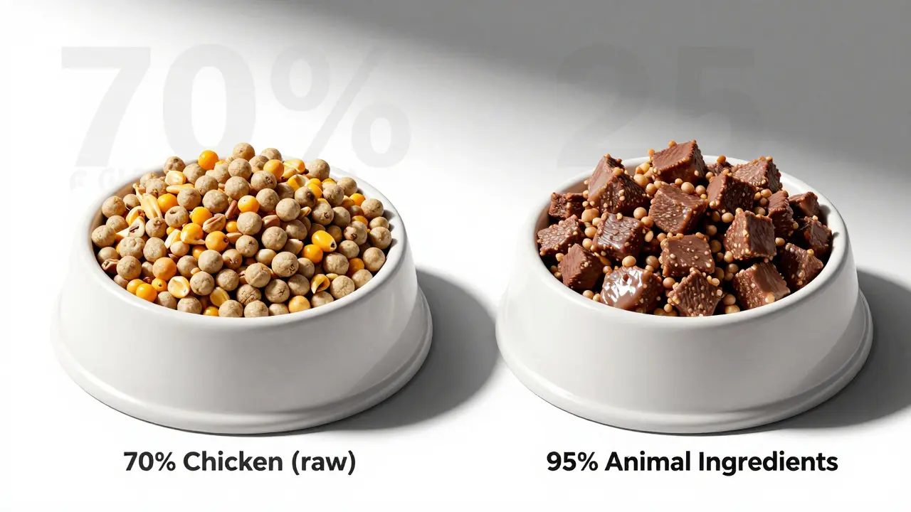 Сравнение сухого и влажного корма для кошек: один с зернами, другой — с мясом.
