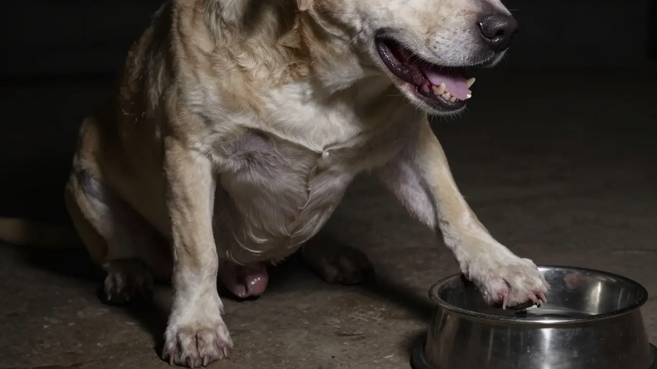У собаки синеватые дёсны и слегка отёчные лапы, она лежит рядом с нетронутой миской воды в тихой комнате.