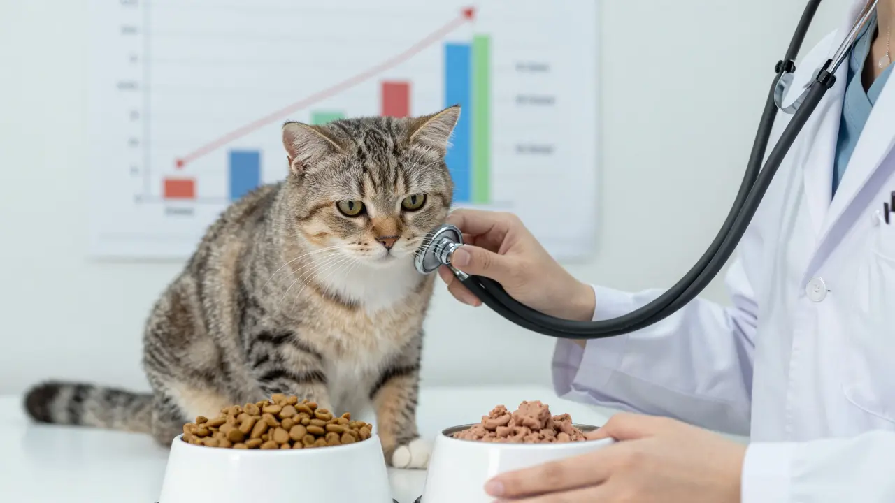 Ветеринар осматривает кошку, сравнивая сухой и влажный корм в двух мисках.
