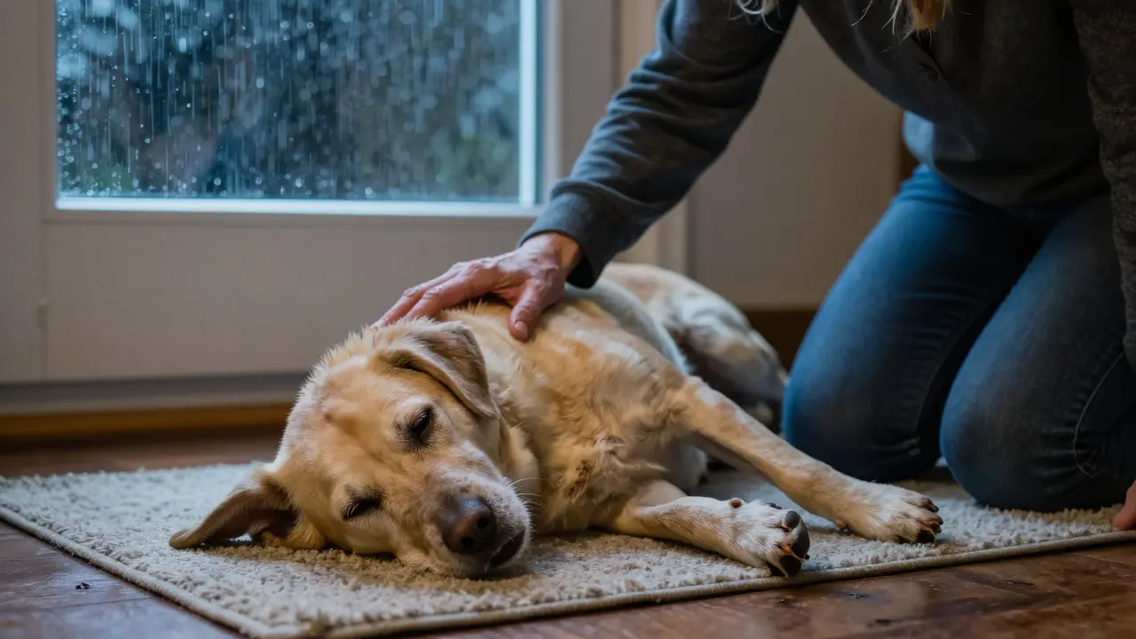 Владелец kneels beside his motionless dog at night, one hand on its side, the dog’s gums pale under soft lamplight.