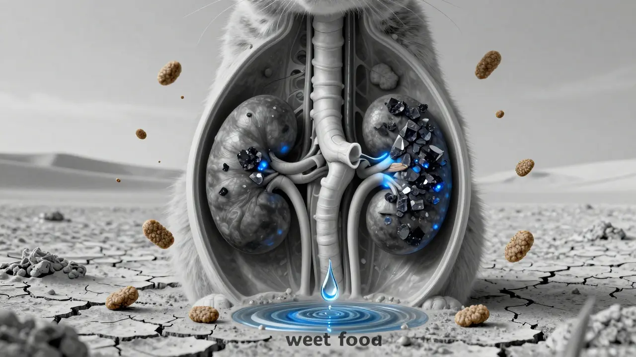 Внутреннее устройство почек кошки с кристаллами, окруженное сухим кормом и каплей воды.