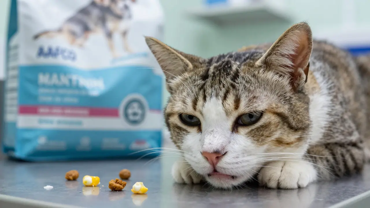 Бледная, слабая кошка на ветеринарном столе, вокруг — правильные и неправильные корма.