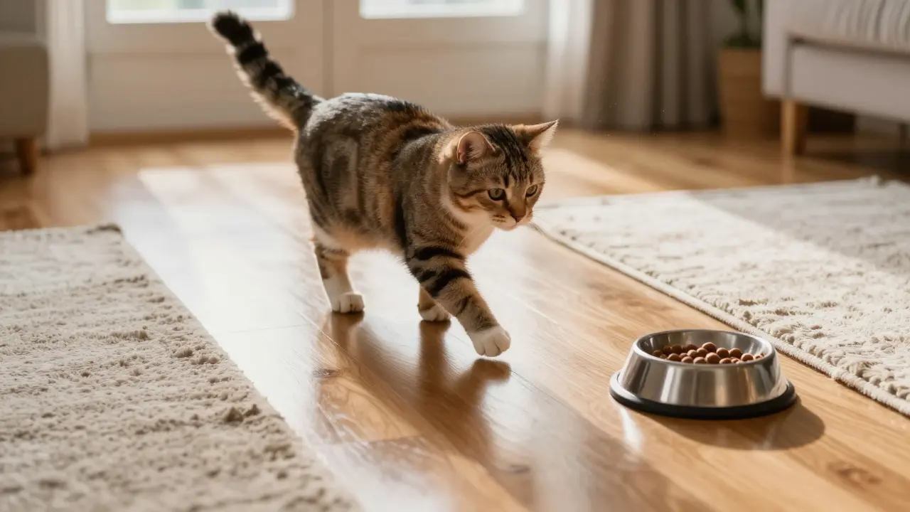 Кошка колеблется на новом полу, боясь ступить к миске.