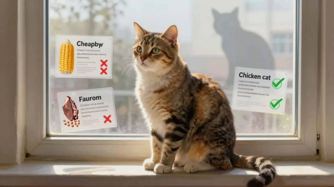 Кошка на подоконнике с прозрачными этикетками состава корма: плохие ингредиенты с крестами, хорошие — с галочками.