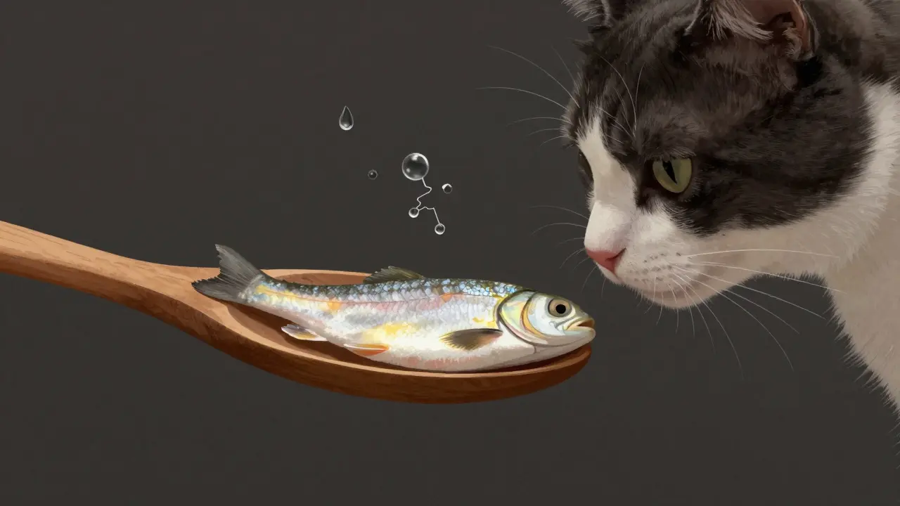 Кошка осторожно обнюхивает варёную рыбу, вокруг которой видны скрытые опасности.