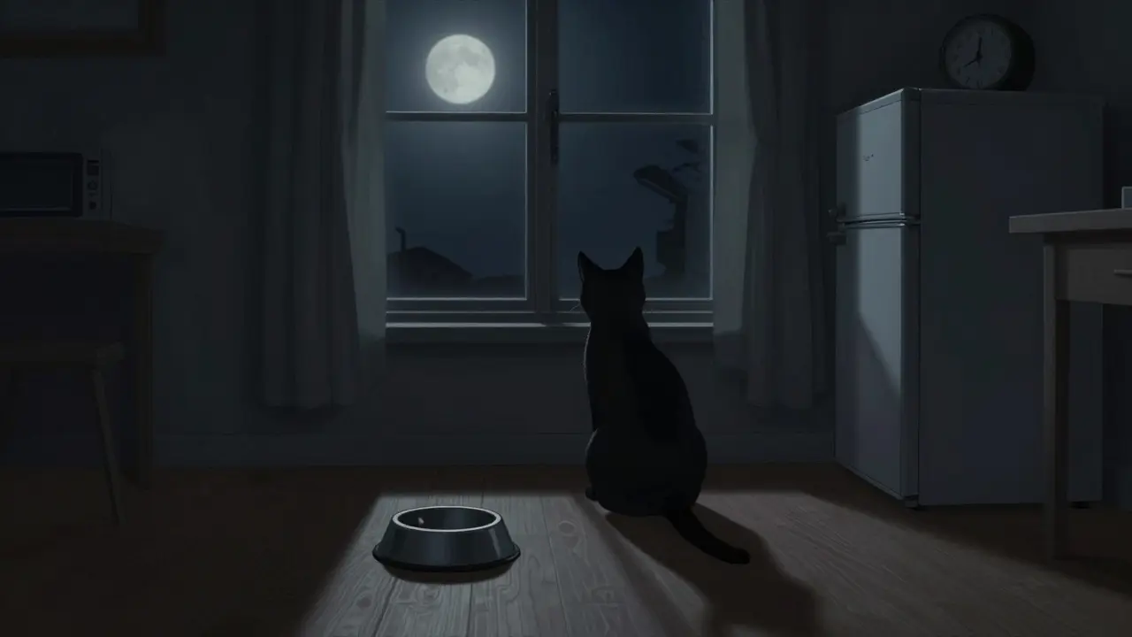 Кошка сидит в тишине ночи, не трогая еду, вокруг — полная тишина.