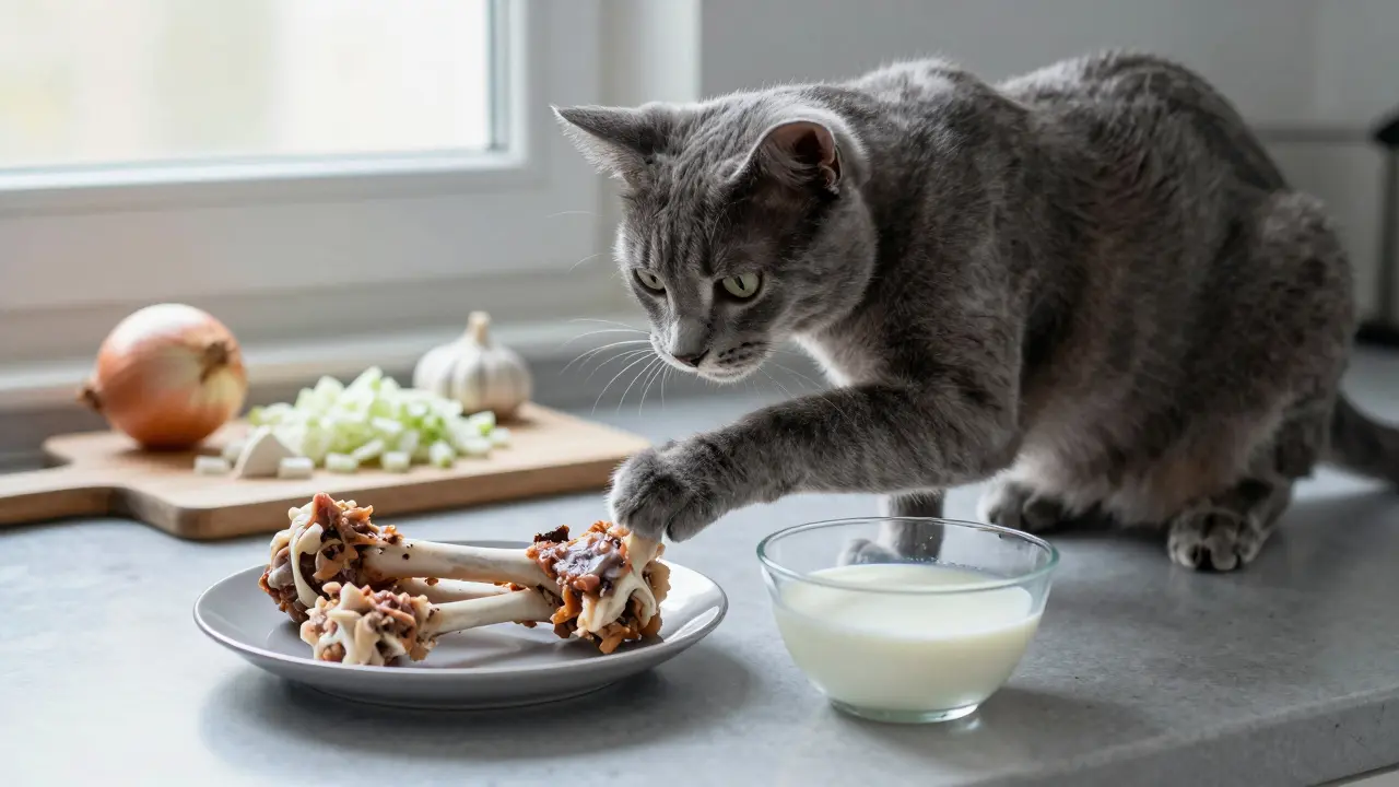 Кошка тянется к костям и молоку на кухне, на фоне лука и чеснока.